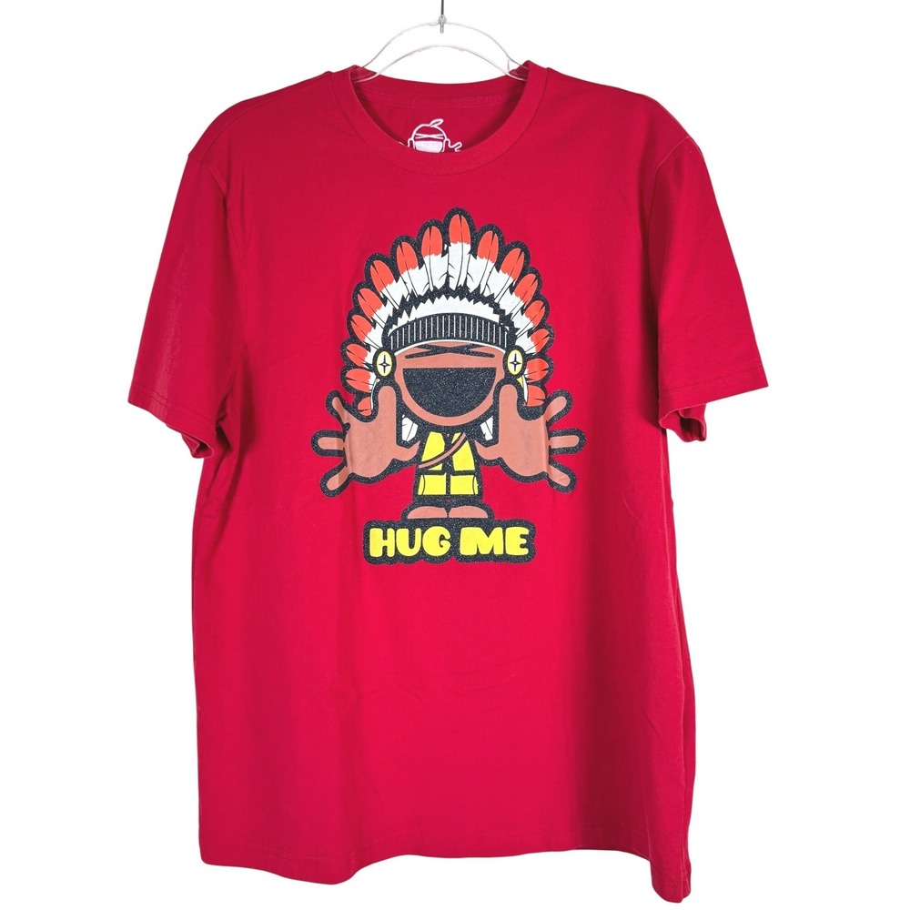 Giordano Graphic T-Shirt Men XL Red Crew Hug Me Slim Fit Streetwear Casual Tee
